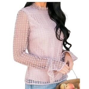 RACHAEL PARCELL Genevieve Dusty Pink Lace Mock Neck Bell Sleeve Top NWOT Small‎